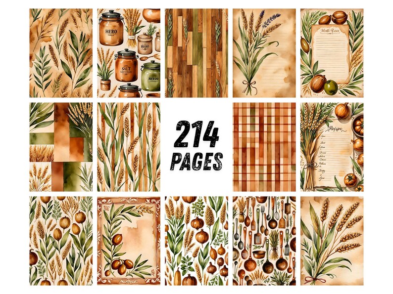 May include: A collection of 214 pages featuring watercolor illustrations of wheat stalks, kitchen canisters, wooden textures, plaid patterns, recipe cards, onions, and cooking utensils in earthy tones of brown, green, and tan on a white background.
