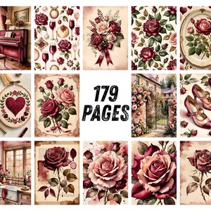 Strony dziennika Red Rose Junk, romantyczny papier do scrapbookingu z motywem wina, walentynkowe, miłosne, drukowane efemerydy, zestaw do dziennika Crimson Watercolor Floral Art zdjęcie 7