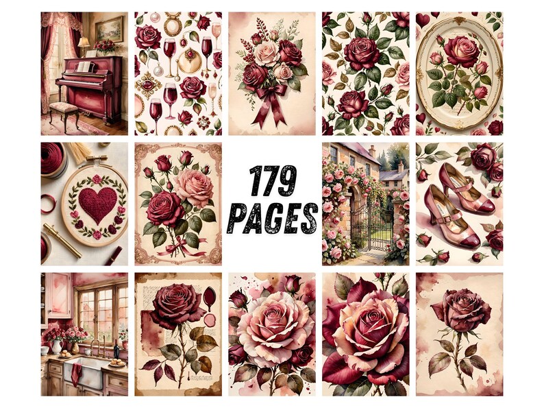 Strony dziennika Red Rose Junk, romantyczny papier do scrapbookingu z motywem wina, walentynkowe, miłosne, drukowane efemerydy, zestaw do dziennika Crimson Watercolor Floral Art zdjęcie 7