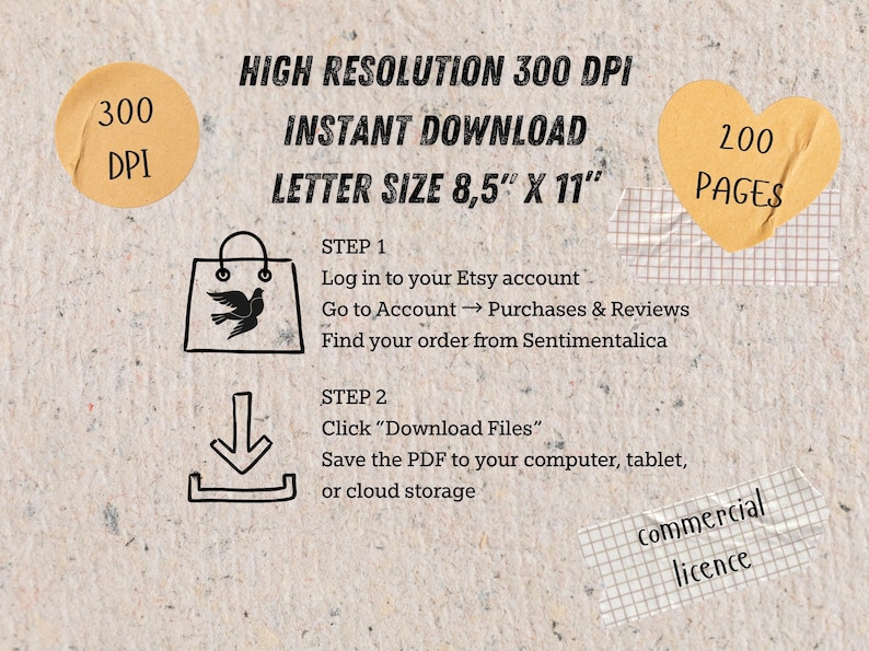 Instructional guide for downloading a digital junk journal kit from Etsy shop Sentimentalica. The cream textured background features verbatim text: "HIGH RESOLUTION 300 DPI", "INSTANT DOWNLOAD", and "LETTER SIZE 8,5'' X 11''". Step-by-step process includes logging into an Etsy account to find purchases and saving the PDF to cloud storage. Aesthetic stickers display "300 DPI", "200 PAGES", and "commercial licence". Icons show a shopping bag and download arrow. Perfect for scrapbooker and DIY art.