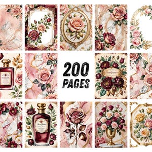 Blush Bourgogne-ros Ephemera, Förgyllt blommigt scrapbookpapper, Elegant guldfärgad parfymkollage, Regency Junk Journal Kit, Omedelbar nedladdning bild 6