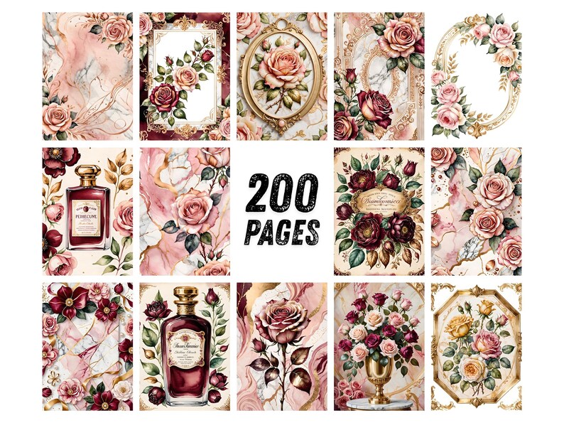 Blush Bourgogne-ros Ephemera, Förgyllt blommigt scrapbookpapper, Elegant guldfärgad parfymkollage, Regency Junk Journal Kit, Omedelbar nedladdning bild 6