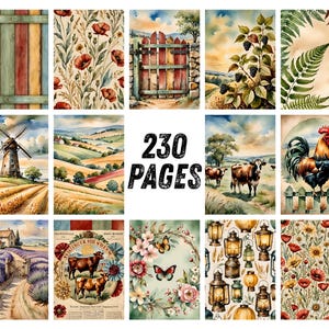 May include: A collection of 230 pages featuring watercolor illustrations of rural landscapes, including a windmill, rolling hills, a rooster, cows, lavender fields, lanterns, floral patterns, butterflies, and a wooden gate with the text 230 PAGES.
