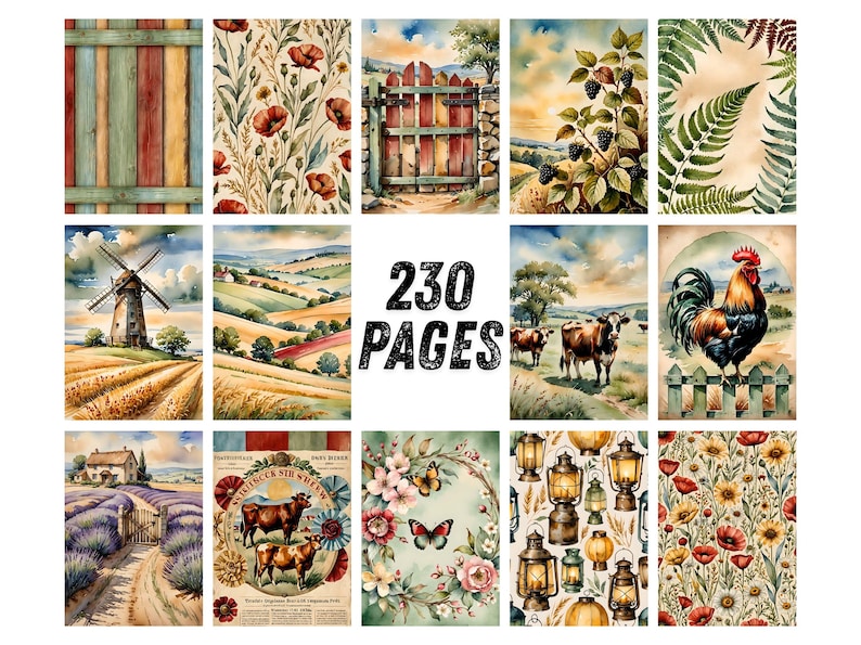 May include: A collection of 230 pages featuring watercolor illustrations of rural landscapes, including a windmill, rolling hills, a rooster, cows, lavender fields, lanterns, floral patterns, butterflies, and a wooden gate with the text 230 PAGES.