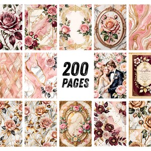 Blush Bourgogne-ros Ephemera, Förgyllt blommigt scrapbookpapper, Elegant guldfärgad parfymkollage, Regency Junk Journal Kit, Omedelbar nedladdning bild 9