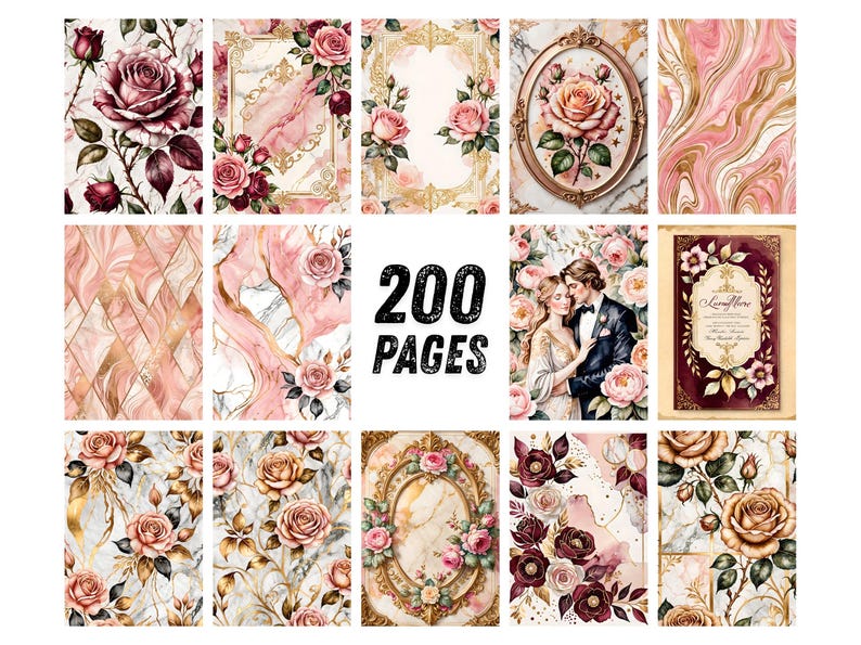 Blush Bourgogne-ros Ephemera, Förgyllt blommigt scrapbookpapper, Elegant guldfärgad parfymkollage, Regency Junk Journal Kit, Omedelbar nedladdning bild 9