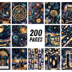 May include: A collection of watercolor art prints featuring celestial and astronomical themes. The images include a telescope, an owl, a lighthouse, and other space-related imagery. The text "200 PAGES" is displayed in the center of the image.