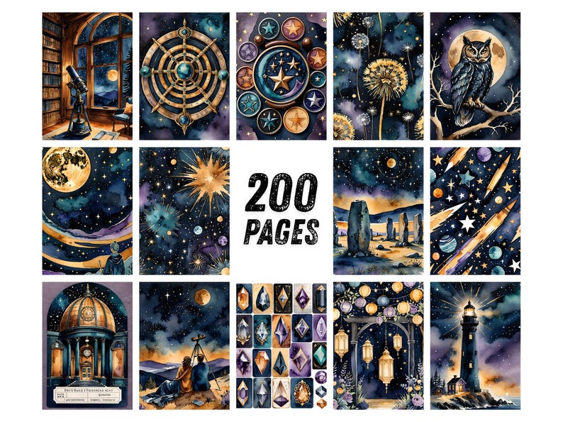 May include: A collection of watercolor art prints featuring celestial and astronomical themes. The images include a telescope, an owl, a lighthouse, and other space-related imagery. The text "200 PAGES" is displayed in the center of the image.