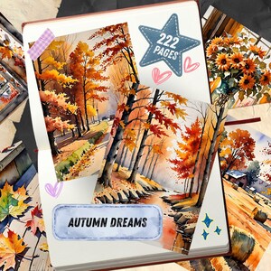 Autumn Dreams Watercolor Junk Journal Pages, Pumpkin Fall Leaves Scrapbook Paper, Cozy Cider Season Printable Ephemera, Rustic Craft Kit image 3