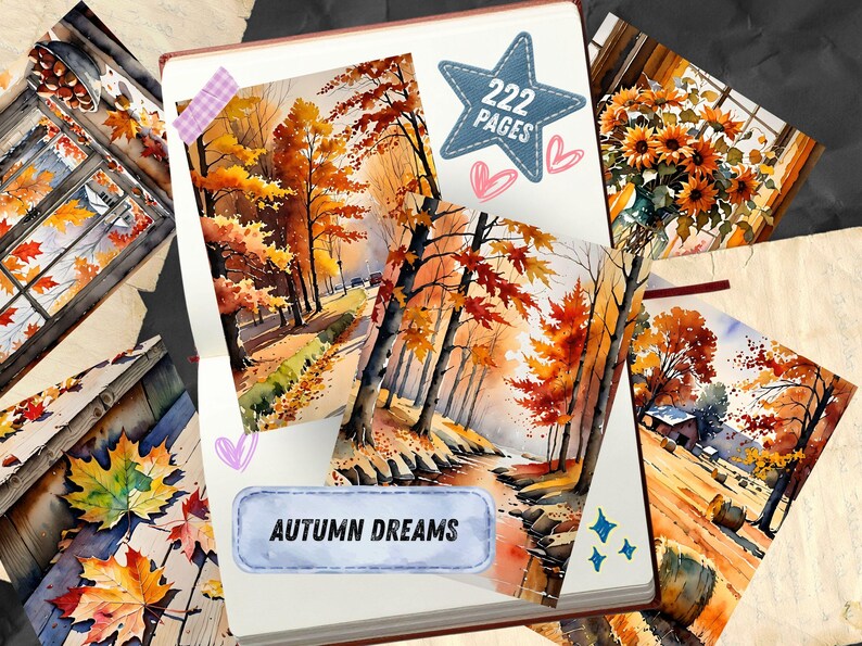 Autumn Dreams Watercolor Junk Journal Pages, Pumpkin Fall Leaves Scrapbook Paper, Cozy Cider Season Printable Ephemera, Rustic Craft Kit image 3