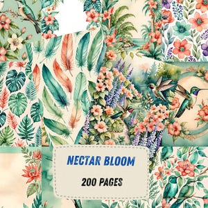 Pu&ograve; includere: Un collage di illustrazioni ad acquerello con uccelli tropicali, fiori e fogliame. Il design include colibr&igrave;, piume e il testo "NECTAR BLOOM 200 PAGES" su uno sfondo chiaro. La tavolozza dei colori &egrave; tenue, con verdi, rosa e blu.