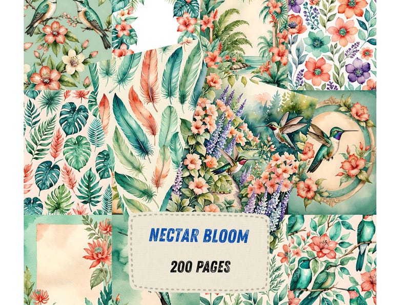 Pu&ograve; includere: Un collage di illustrazioni ad acquerello con uccelli tropicali, fiori e fogliame. Il design include colibr&igrave;, piume e il testo "NECTAR BLOOM 200 PAGES" su uno sfondo chiaro. La tavolozza dei colori &egrave; tenue, con verdi, rosa e blu.
