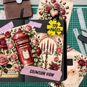 Strony dziennika Red Rose Junk, romantyczny papier do scrapbookingu z motywem wina, walentynkowe, miłosne, drukowane efemerydy, zestaw do dziennika Crimson Watercolor Floral Art zdjęcie 4