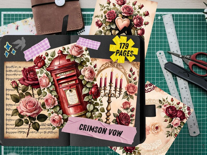 Strony dziennika Red Rose Junk, romantyczny papier do scrapbookingu z motywem wina, walentynkowe, miłosne, drukowane efemerydy, zestaw do dziennika Crimson Watercolor Floral Art zdjęcie 4