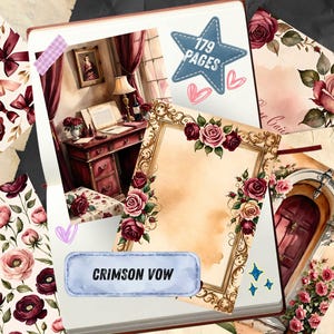 Strony dziennika Red Rose Junk, romantyczny papier do scrapbookingu z motywem wina, walentynkowe, miłosne, drukowane efemerydy, zestaw do dziennika Crimson Watercolor Floral Art zdjęcie 2