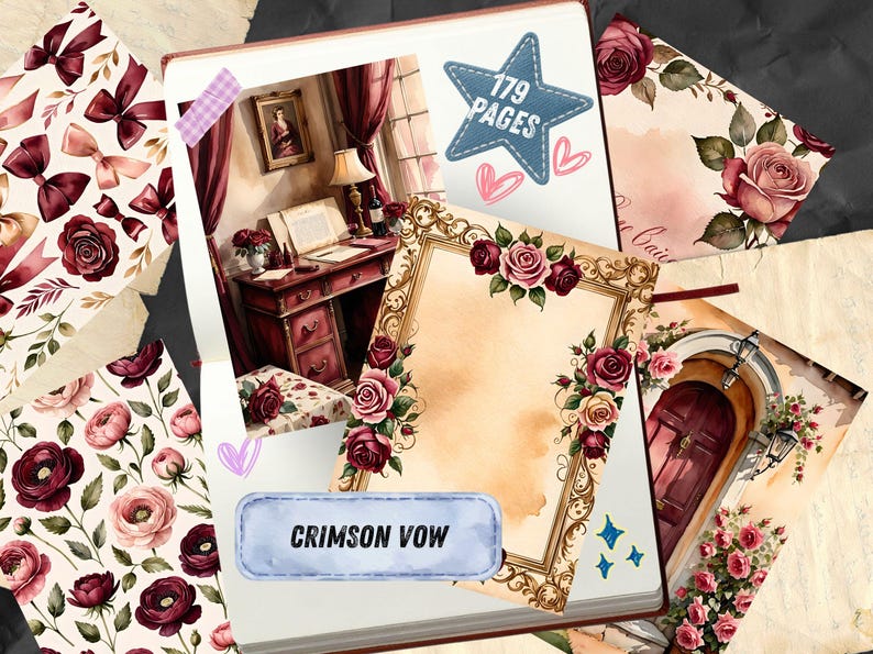 Strony dziennika Red Rose Junk, romantyczny papier do scrapbookingu z motywem wina, walentynkowe, miłosne, drukowane efemerydy, zestaw do dziennika Crimson Watercolor Floral Art zdjęcie 2