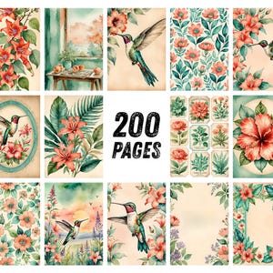 Pu&ograve; includere: Una collezione di illustrazioni ad acquerello con colibr&igrave;, fiori ed elementi botanici. Le immagini sono in tonalit&agrave; rosa, verde e beige, con il testo "200 PAGES" al centro. Il tema generale &egrave; la natura e l'arte.