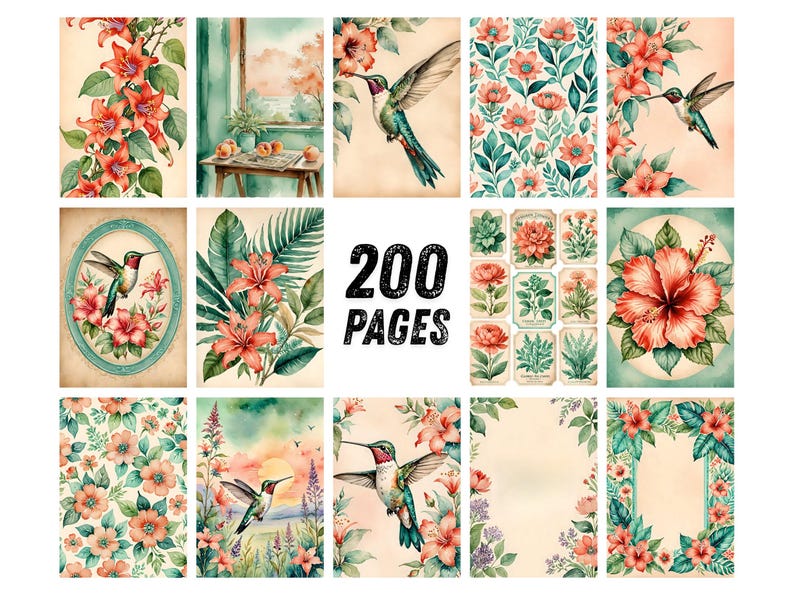 Pu&ograve; includere: Una collezione di illustrazioni ad acquerello con colibr&igrave;, fiori ed elementi botanici. Le immagini sono in tonalit&agrave; rosa, verde e beige, con il testo "200 PAGES" al centro. Il tema generale &egrave; la natura e l'arte.