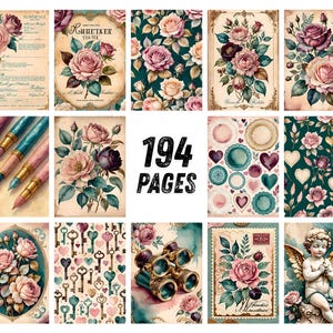 K&ouml;nnte beinhalten: Eine Sammlung von 194 Seiten mit Illustrationen im Vintage-Stil, die rosa Rosen, verzierte Schl&uuml;ssel, Herzen, F&uuml;llfederhalter, Ferngl&auml;ser und eine Puttenfigur zeigen. Die Designs enthalten ged&auml;mpfte Farbpaletten und florale Muster.