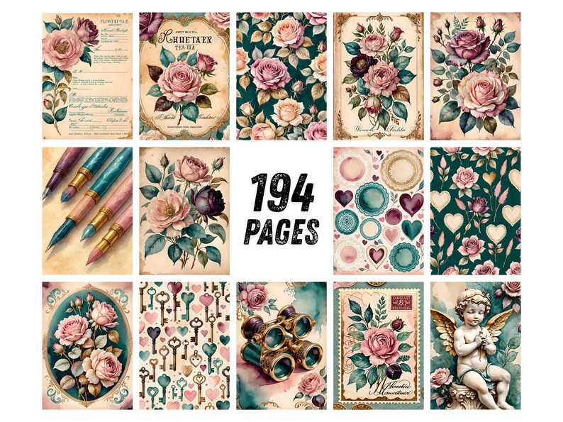 K&ouml;nnte beinhalten: Eine Sammlung von 194 Seiten mit Illustrationen im Vintage-Stil, die rosa Rosen, verzierte Schl&uuml;ssel, Herzen, F&uuml;llfederhalter, Ferngl&auml;ser und eine Puttenfigur zeigen. Die Designs enthalten ged&auml;mpfte Farbpaletten und florale Muster.