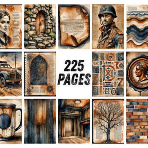 Páginas para diário de arte industrial com estilo vintage, papel para scrapbook urbano, itens imprimíveis steampunk, kit de diário de arte grunge em aquarela com tema de tijolos. imagem 6