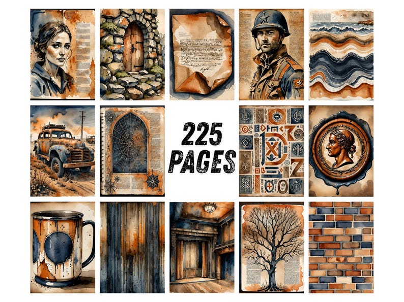 Páginas para diário de arte industrial com estilo vintage, papel para scrapbook urbano, itens imprimíveis steampunk, kit de diário de arte grunge em aquarela com tema de tijolos. imagem 6