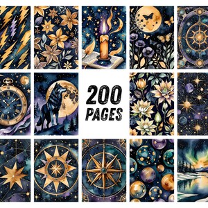 May include: A collection of watercolor illustrations with celestial and mystical themes. Designs include a wolf under a full moon, a compass rose, a pocket watch, and a candle with an open book. The text "200 PAGES" is also visible.