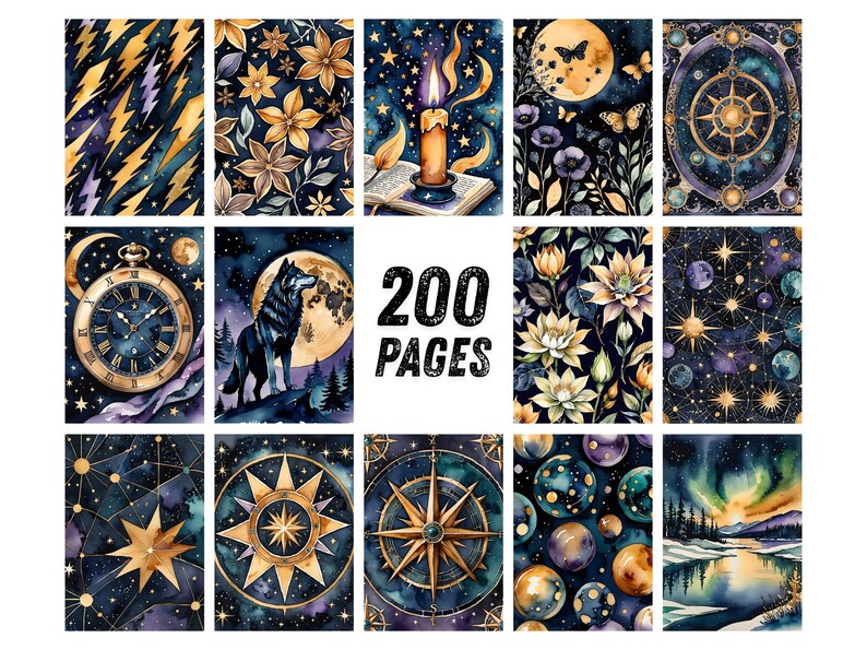 May include: A collection of watercolor illustrations with celestial and mystical themes. Designs include a wolf under a full moon, a compass rose, a pocket watch, and a candle with an open book. The text "200 PAGES" is also visible.