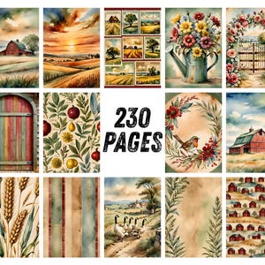 May include: A collection of 230 pages featuring watercolor illustrations of rural landscapes, red barns, floral arrangements in watering cans, rose-covered gates, botanical fruit patterns, wheat stalks, geese, and repeating patterns of small red houses.