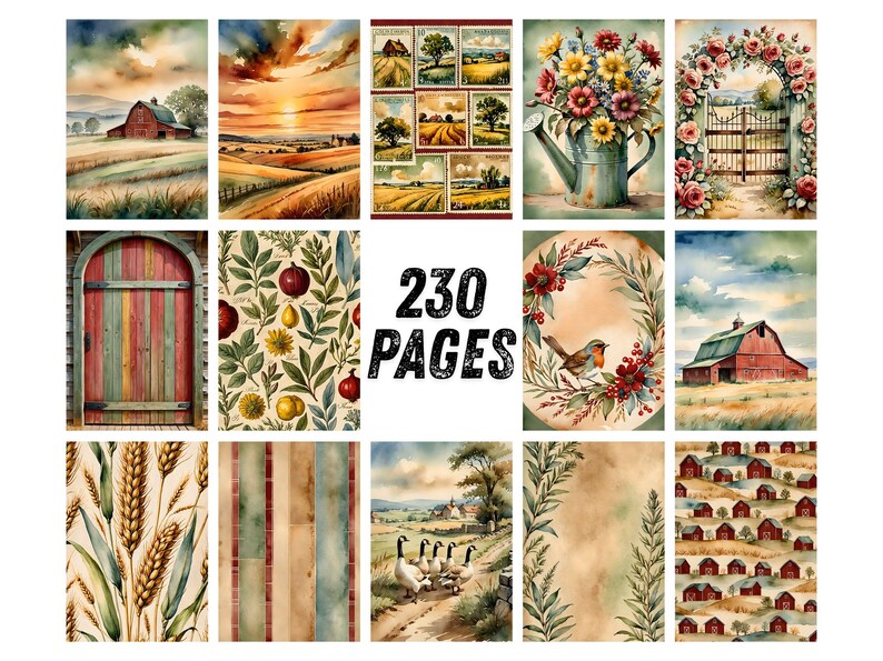 May include: A collection of 230 pages featuring watercolor illustrations of rural landscapes, red barns, floral arrangements in watering cans, rose-covered gates, botanical fruit patterns, wheat stalks, geese, and repeating patterns of small red houses.