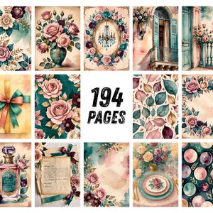K&ouml;nnte beinhalten: Eine Sammlung von 194 Seiten mit Aquarellillustrationen von Rosen, Blumenmustern, einem Kronleuchter, einem Balkon, einem Geschenk mit Schleife, einer Parf&uuml;mflasche, einem Brief, einem Gedeck und kreisf&ouml;rmigen Motiven in Rosa, Petrol und Creme.