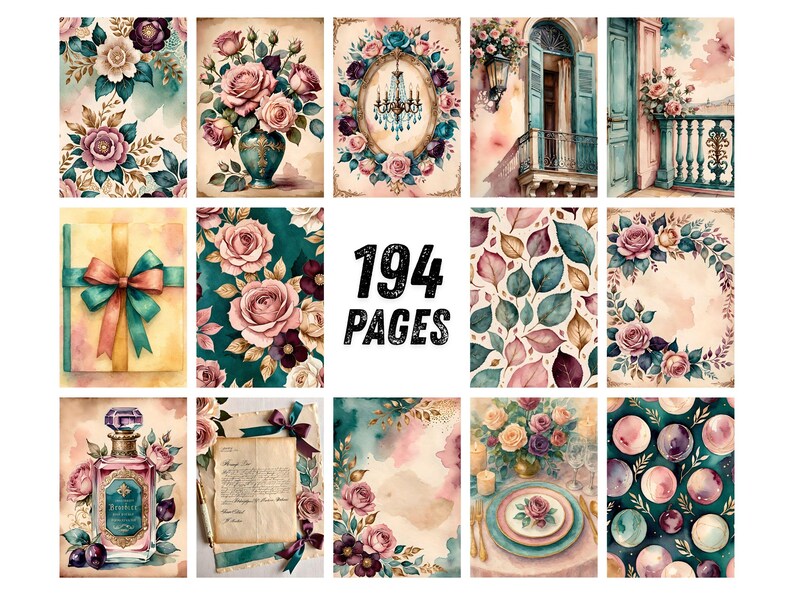 K&ouml;nnte beinhalten: Eine Sammlung von 194 Seiten mit Aquarellillustrationen von Rosen, Blumenmustern, einem Kronleuchter, einem Balkon, einem Geschenk mit Schleife, einer Parf&uuml;mflasche, einem Brief, einem Gedeck und kreisf&ouml;rmigen Motiven in Rosa, Petrol und Creme.