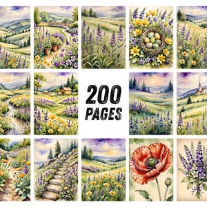 May include: A collection of watercolor landscape paintings featuring rolling hills, fields of lavender and wildflowers, and a nest with eggs. The text "200 PAGES" is displayed in the center. The color palette includes greens, purples, yellows, and blues.