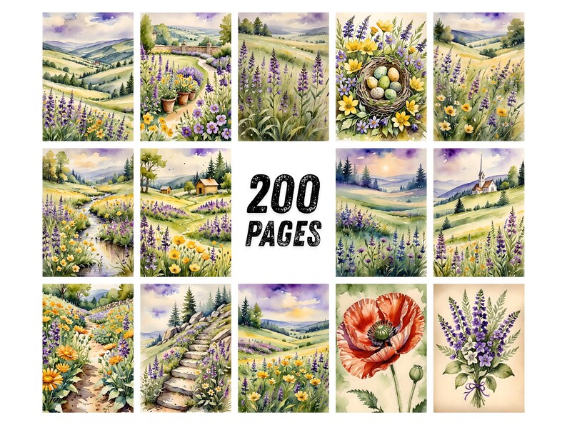 May include: A collection of watercolor landscape paintings featuring rolling hills, fields of lavender and wildflowers, and a nest with eggs. The text "200 PAGES" is displayed in the center. The color palette includes greens, purples, yellows, and blues.