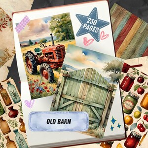 May include: A scrapbook page featuring a red tractor in a field, a green wooden gate, and a blue star sticker with the text 230 PAGES. The page includes a blue label with the text OLD BARN, surrounded by decorative paper patterns of glass bottles, fruit, and wood planks.