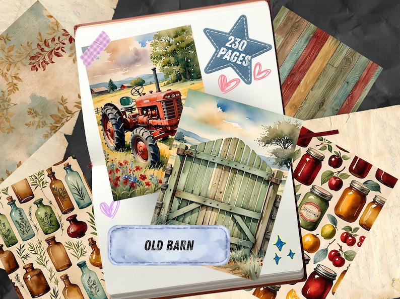 May include: A scrapbook page featuring a red tractor in a field, a green wooden gate, and a blue star sticker with the text 230 PAGES. The page includes a blue label with the text OLD BARN, surrounded by decorative paper patterns of glass bottles, fruit, and wood planks.