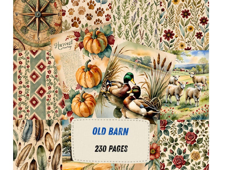 May include: A collage of patterned papers featuring a compass, pumpkins with the text Harvest, mallard ducks on water, sheep in a field, feathers, and floral designs. A central label displays the text OLD BARN and 230 PAGES in black font.
