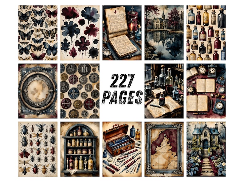 Gothic Junk Journal Pages, Dark Academia Scrapbook Paper, Halloween Raven Printable Ephemera, Moody Skull Watercolor Witchy Art Journal Kit image 8