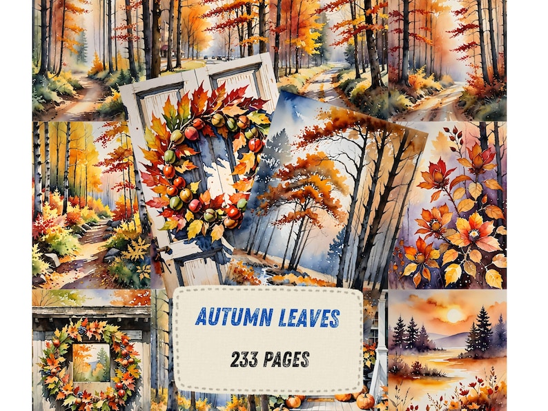 Autumn Leaves Watercolor Junk Journal Pages, Woodland Forest Scrapbook Paper, Fox Deer Owl Squirrel Printable Ephemera, Rustic Fall Craft image 1