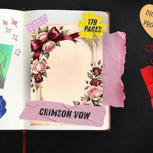 Strony dziennika Red Rose Junk, romantyczny papier do scrapbookingu z motywem wina, walentynkowe, miłosne, drukowane efemerydy, zestaw do dziennika Crimson Watercolor Floral Art zdjęcie 3