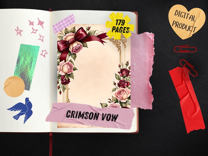 Strony dziennika Red Rose Junk, romantyczny papier do scrapbookingu z motywem wina, walentynkowe, miłosne, drukowane efemerydy, zestaw do dziennika Crimson Watercolor Floral Art zdjęcie 3