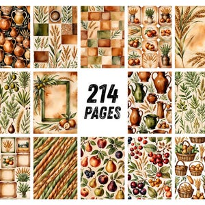 May include: A collection of 214 pages featuring watercolor illustrations of rustic pottery, wheat stalks, assorted fruits like apples, pears, and cherries, woven baskets, and botanical greenery in warm earth tones, arranged in a grid layout.