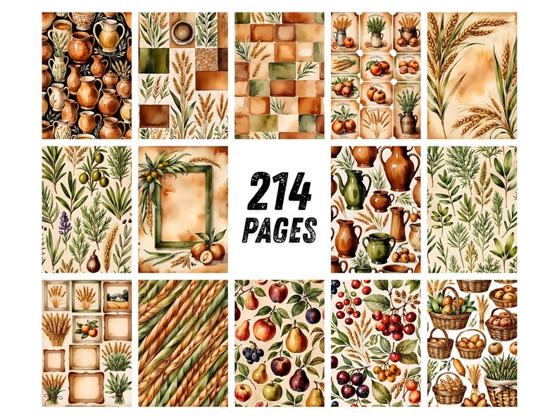 May include: A collection of 214 pages featuring watercolor illustrations of rustic pottery, wheat stalks, assorted fruits like apples, pears, and cherries, woven baskets, and botanical greenery in warm earth tones, arranged in a grid layout.