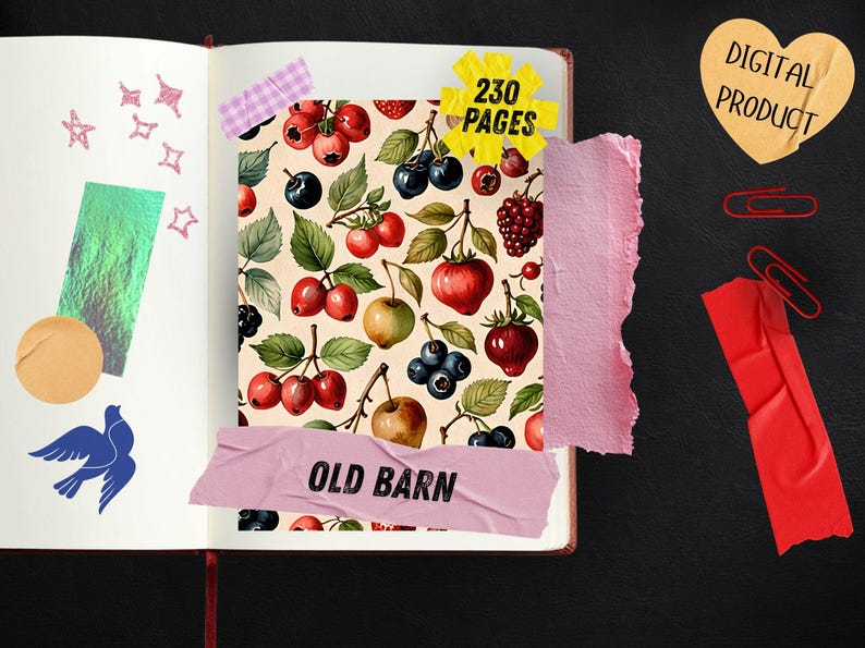 May include: An open notebook featuring a fruit-patterned page with cherries, berries, and apples. The page includes a yellow starburst sticker labeled 230 PAGES and a pink tape strip labeled OLD BARN. Decorative elements include a blue bird, a green iridescent rectangle, a beige circle, pink star outlines, and a heart-shaped sticker labeled DIGITAL PRODUCT.