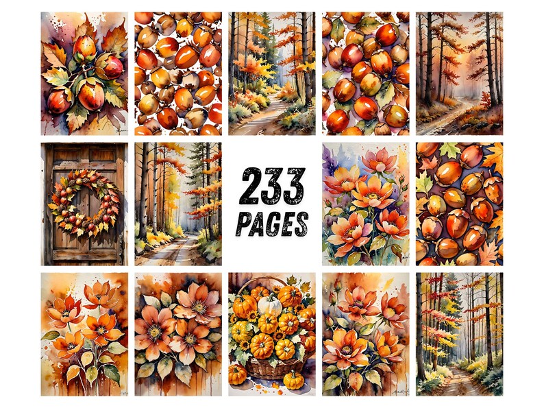 Autumn Leaves Watercolor Junk Journal Pages, Woodland Forest Scrapbook Paper, Fox Deer Owl Squirrel Printable Ephemera, Rustic Fall Craft image 6