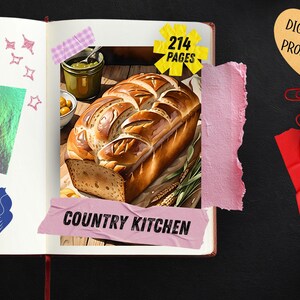May include: A digital product scrapbook page featuring a central illustration of a golden brown loaf of bread, a jar of green spread, and wheat stalks. The page includes text reading 214 PAGES and COUNTRY KITCHEN, decorated with paper tape, a blue bird icon, and a heart-shaped label.