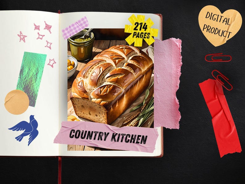 May include: A digital product scrapbook page featuring a central illustration of a golden brown loaf of bread, a jar of green spread, and wheat stalks. The page includes text reading 214 PAGES and COUNTRY KITCHEN, decorated with paper tape, a blue bird icon, and a heart-shaped label.