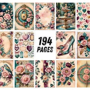 K&ouml;nnte beinhalten: Eine Sammlung von 194 Seiten mit verschiedenen Illustrationen, darunter rosa Rosen, ein Brunnen, Herzen, ein hochhackiger Schuh, V&ouml;gel und verzierte Rahmen. Die Designs enthalten Aquarelltexturen, florale Motive und dekorative Elemente.