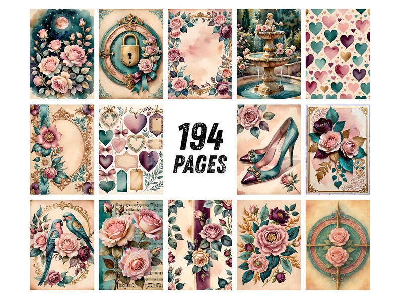 K&ouml;nnte beinhalten: Eine Sammlung von 194 Seiten mit verschiedenen Illustrationen, darunter rosa Rosen, ein Brunnen, Herzen, ein hochhackiger Schuh, V&ouml;gel und verzierte Rahmen. Die Designs enthalten Aquarelltexturen, florale Motive und dekorative Elemente.