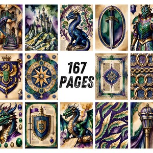 Dragon Junk Journal Pages, Medieval Fantasy Scrapbook Paper, Knight Castle Printable Ephemera, Gothic Watercolor Fantasy Art Journal Kit image 6